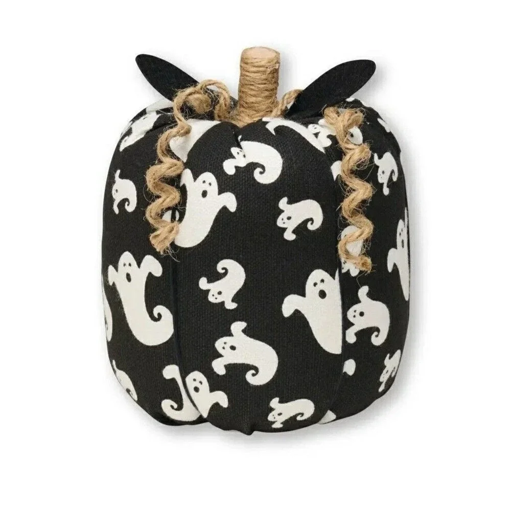 Primitive PUMPKIN Halloween Black &‎ White GHOST Fabric Wood Stem 4x6